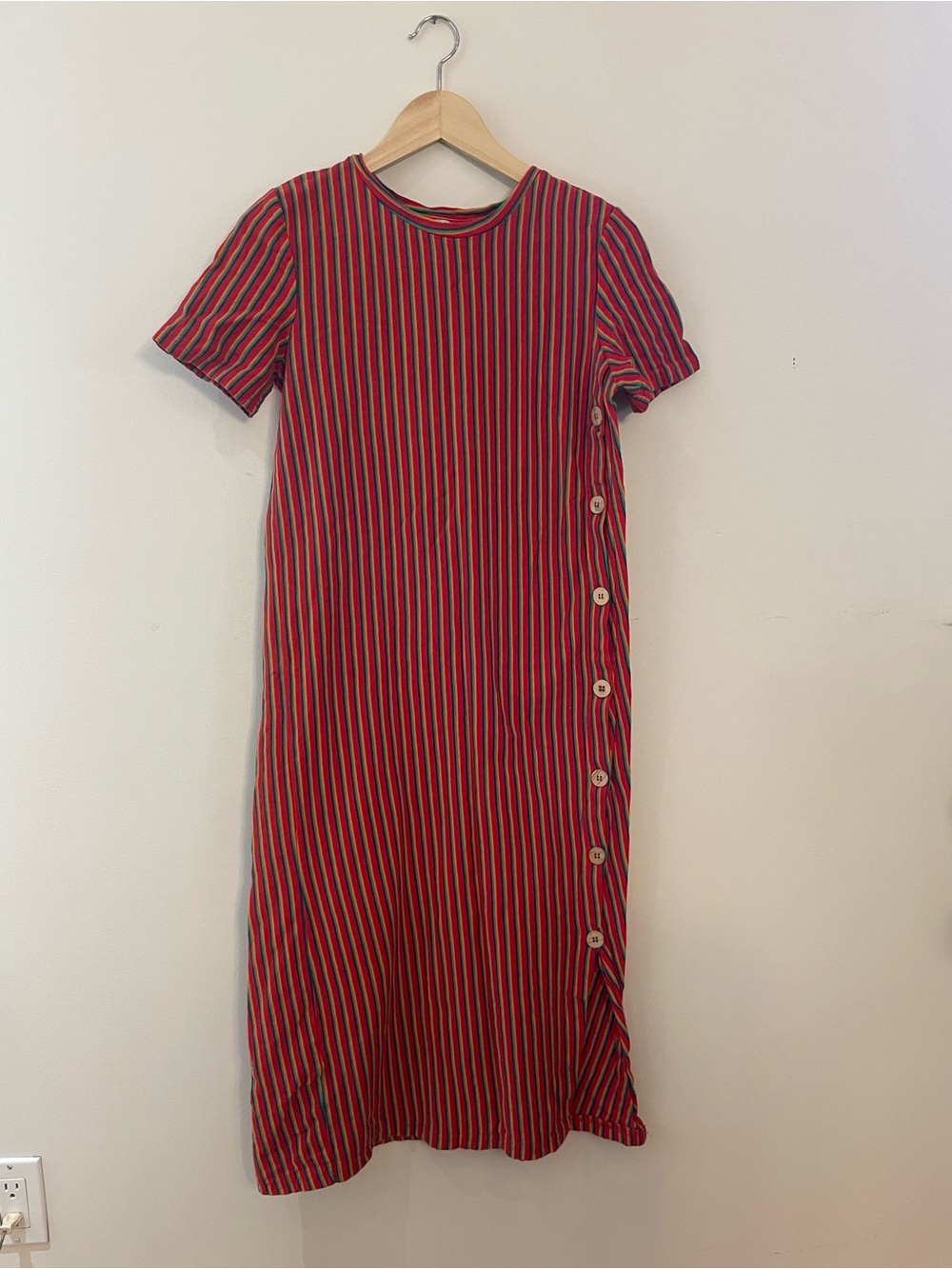 Zara Red Striped Short-Sleeve Midi Dress with Side Buttons